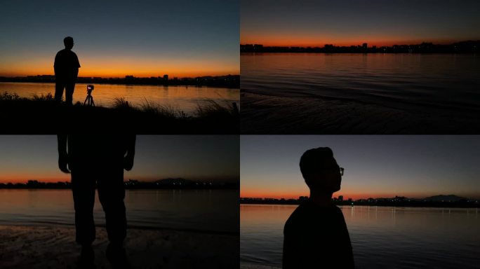 夕阳下海边摄影师在拍摄