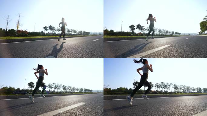 女孩跑步-女孩公路上跑步锻炼身体户外阳光