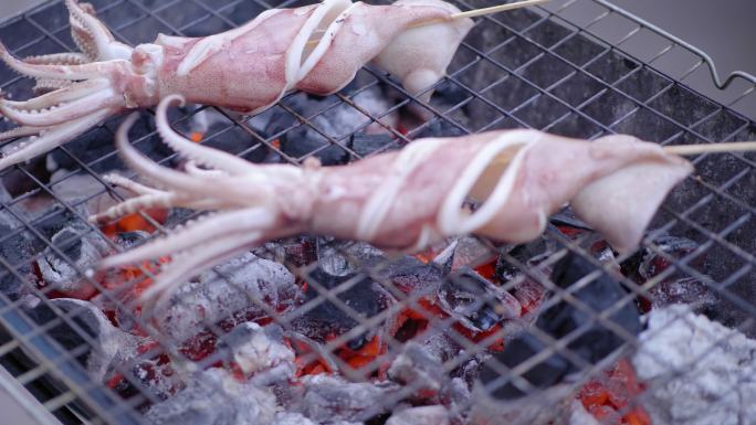 泰国街头美食烤鱿鱼木炭美味