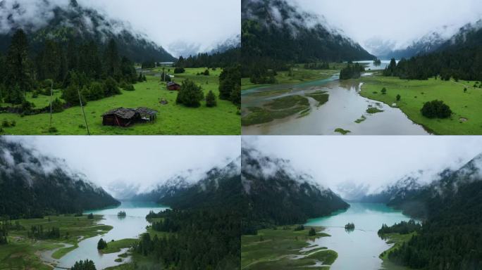 航拍雨中的西藏林芝新措湿地风光