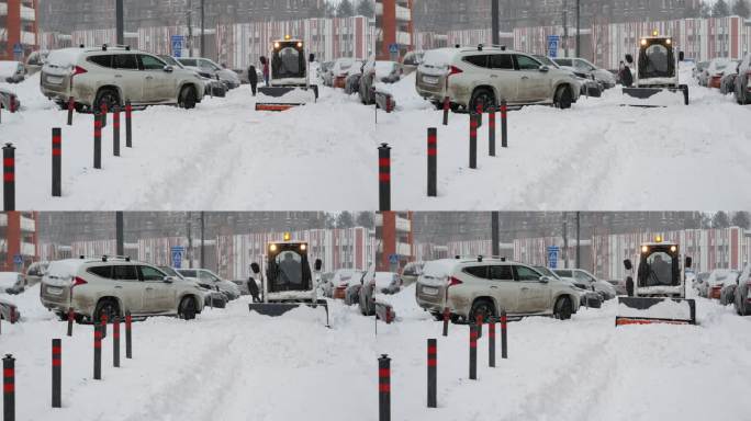 大雪、汽车和除雪设备