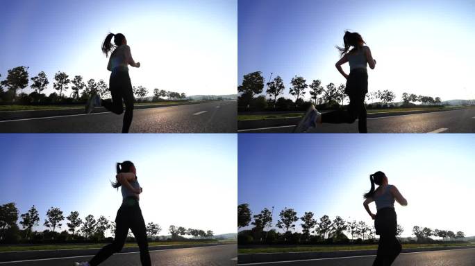 清晨女孩跑步背影高速拍摄运动健身锻炼身体