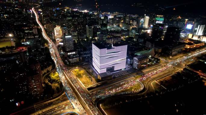 航拍杭州市中心城市夜景全景