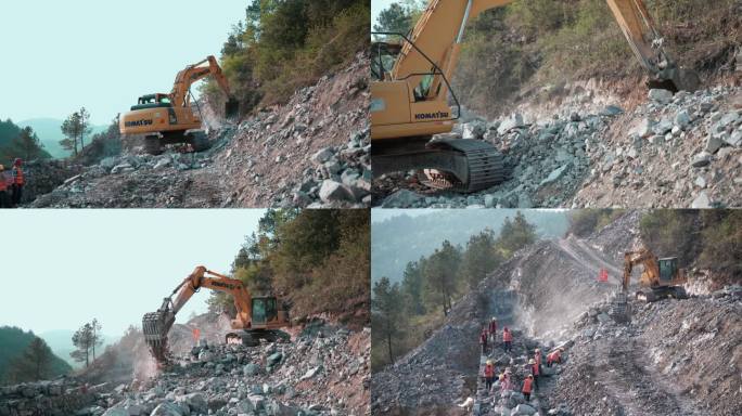 山区道路施工挖掘机工人4K