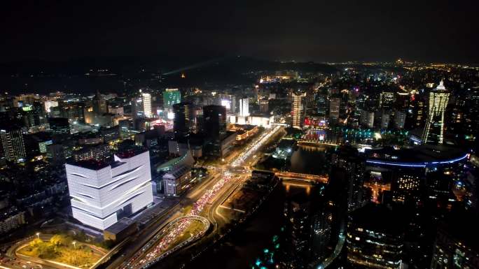 航拍杭州市中心城市夜景全景