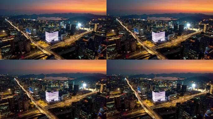 航拍杭州市中心城市夜景全景