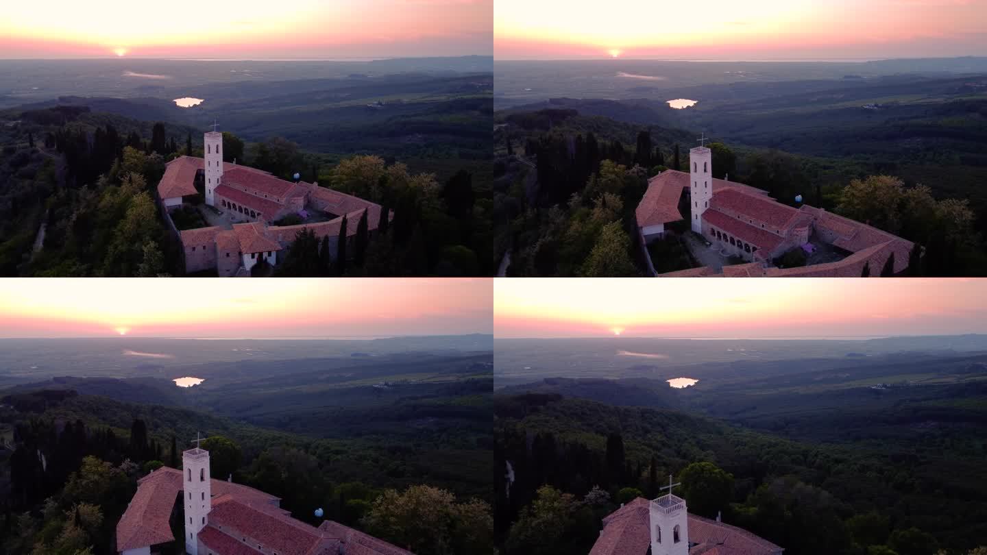 Ardenica修道院，无人机拍摄的山上的阿尔巴尼亚老教堂