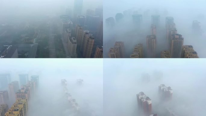 4K航拍城市清晨大雾雾霾云海