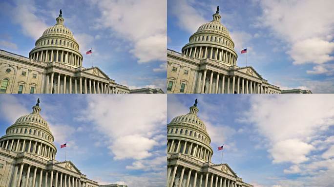 美国国会大厦。天空中的美国国旗。壮丽的景色。天空中的云。