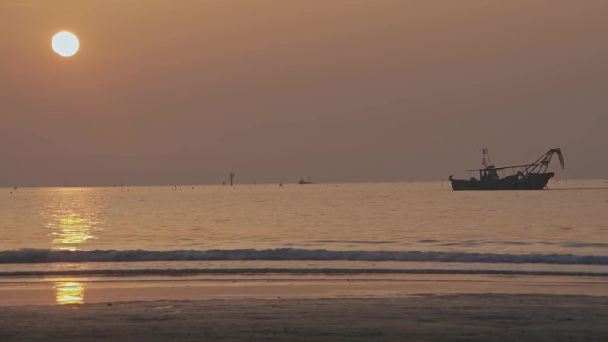 海边蟹子螃蟹海鸟轮船游轮海景夕阳海鸥逆光