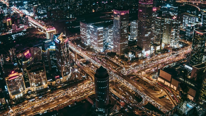 PAN北京天际线和市中心夜景鸟瞰图/中国北京