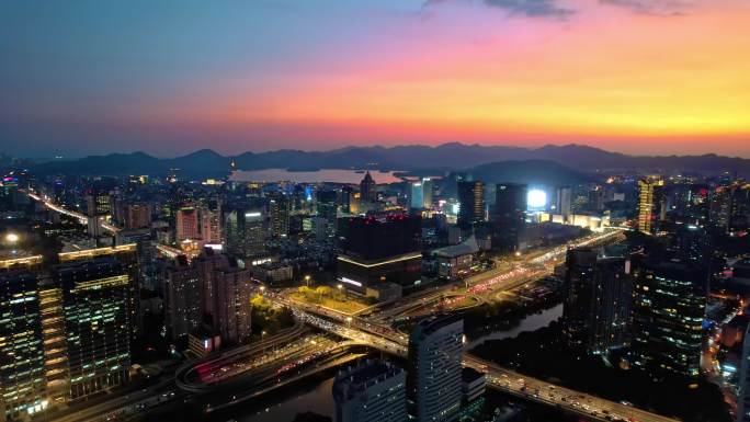 航拍杭州市中心城市夜景全景