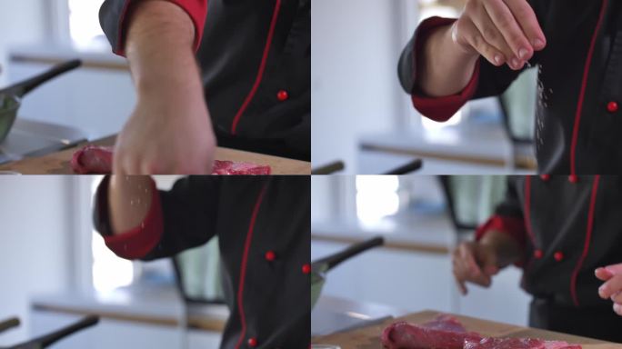 厨师在两块生牛排上撒盐的选择性聚焦镜头