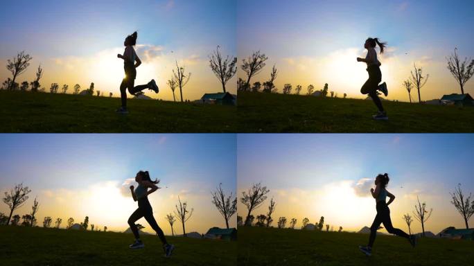女孩跑步黄昏日落女孩草地奔跑锻炼运动剪影