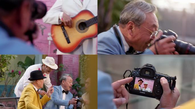 老年幸福生活摩登时尚老人聚会玩音乐拍照