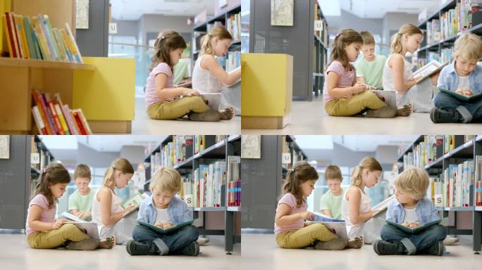 DS儿童在公共图书馆地板上看书