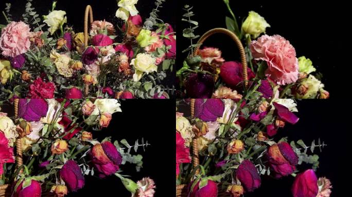 枯萎玫瑰花篮水珠四溅