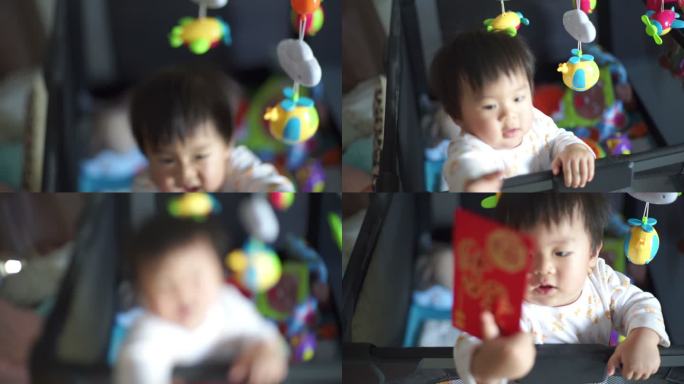 一个亚洲小男孩拿着红包或中国新年礼物。