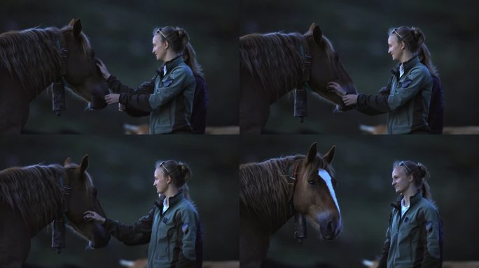 黄昏时分，两个年轻女子牵着一匹马