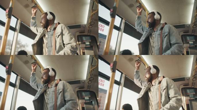 一名年轻男子在公交车上使用耳机的4k视频片段