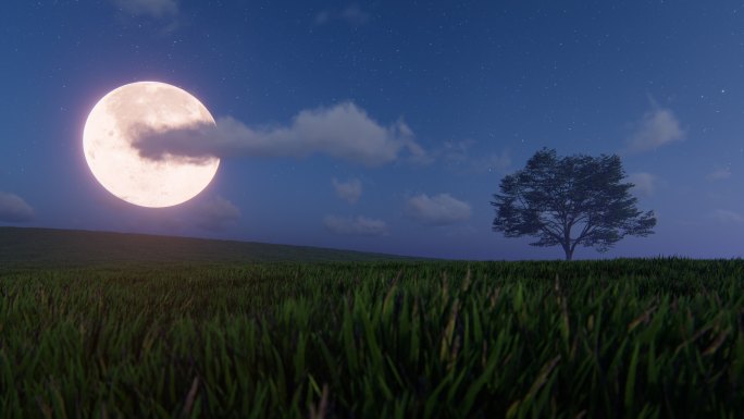 月球在田野上空摇曳月亮一棵树