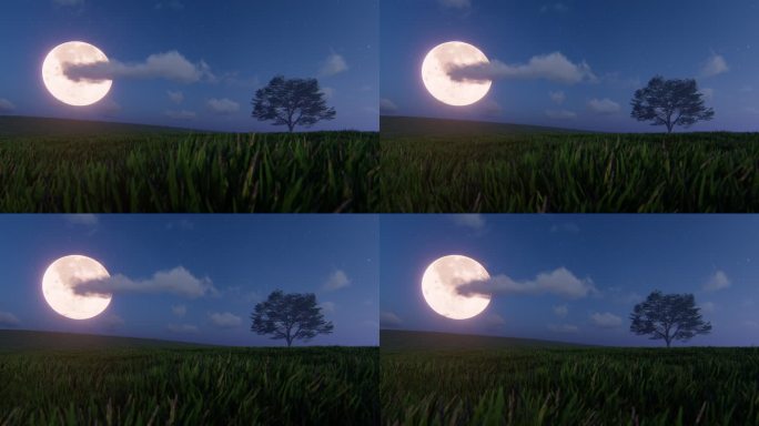 月球在田野上空摇曳月亮一棵树