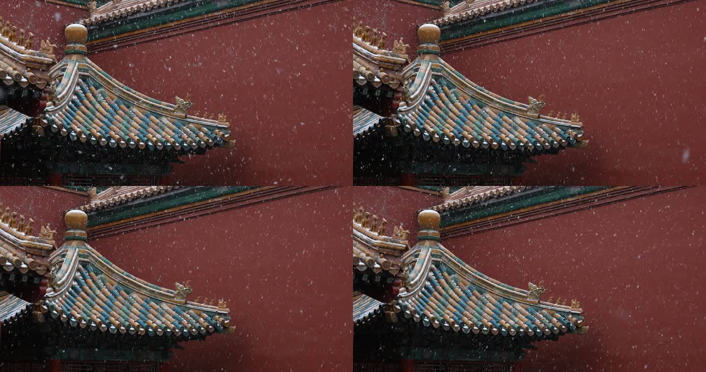 中国传统风格的彩色屋顶雪地凉亭