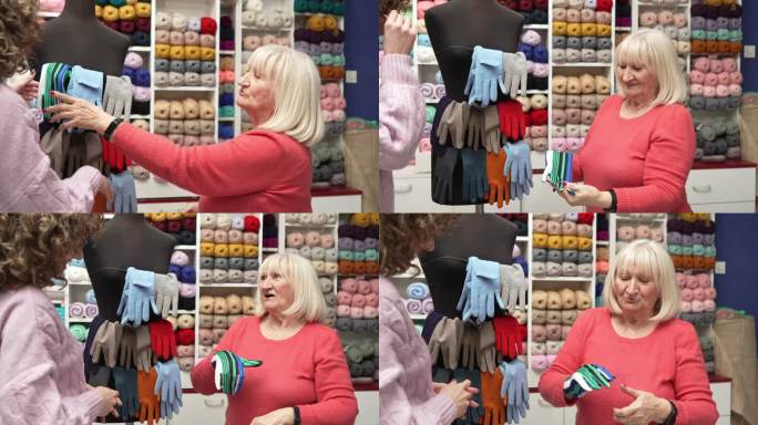 白人高级女性顾客在布料店试手套