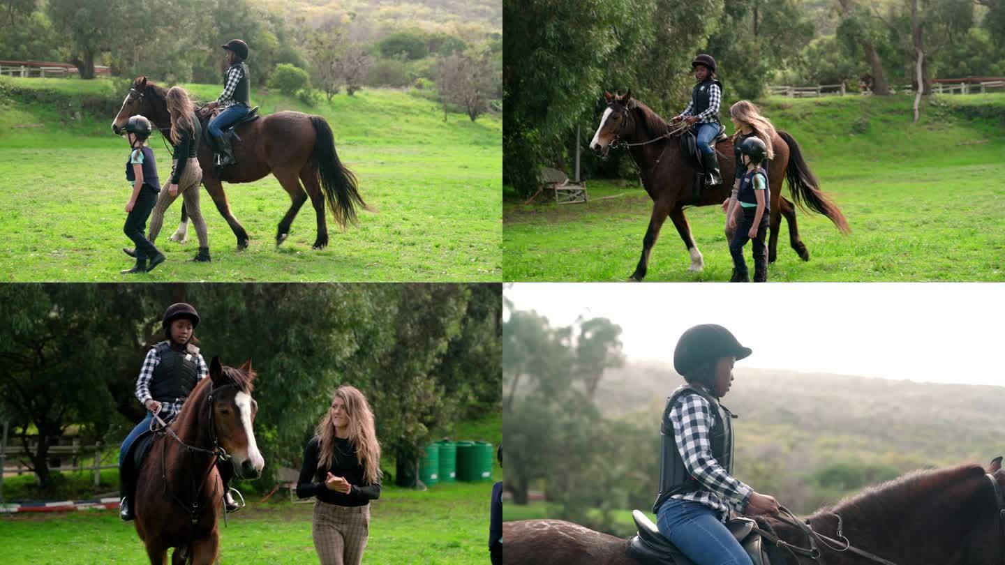 女教练与女孩一起学习骑马