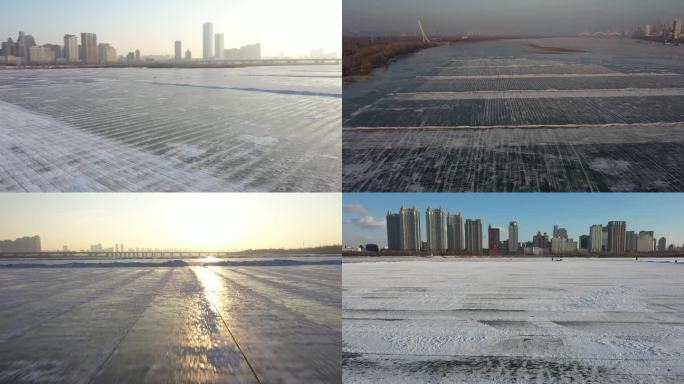 东北冰雪世界冬季飞行松花江冰面航拍镜头