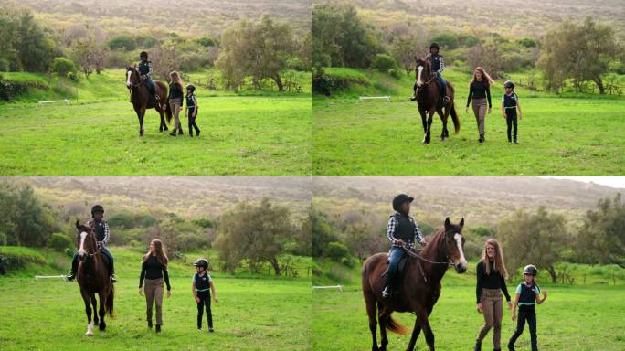女孩在农村草地上学习骑马