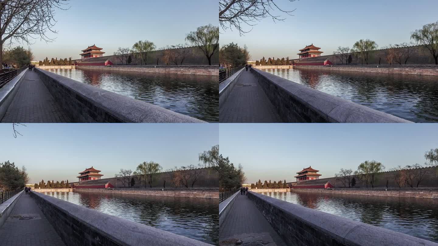 中国北京2016年3月21日：日落时分，漫步并欣赏紫禁城塔楼的美景，中国北京