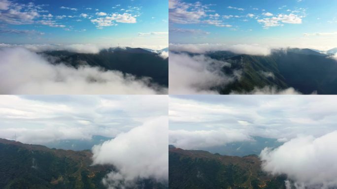大气震撼的云雾下的群山风车4K航拍