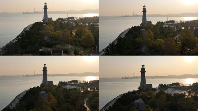航拍威海悦海灯塔的晨光秋色