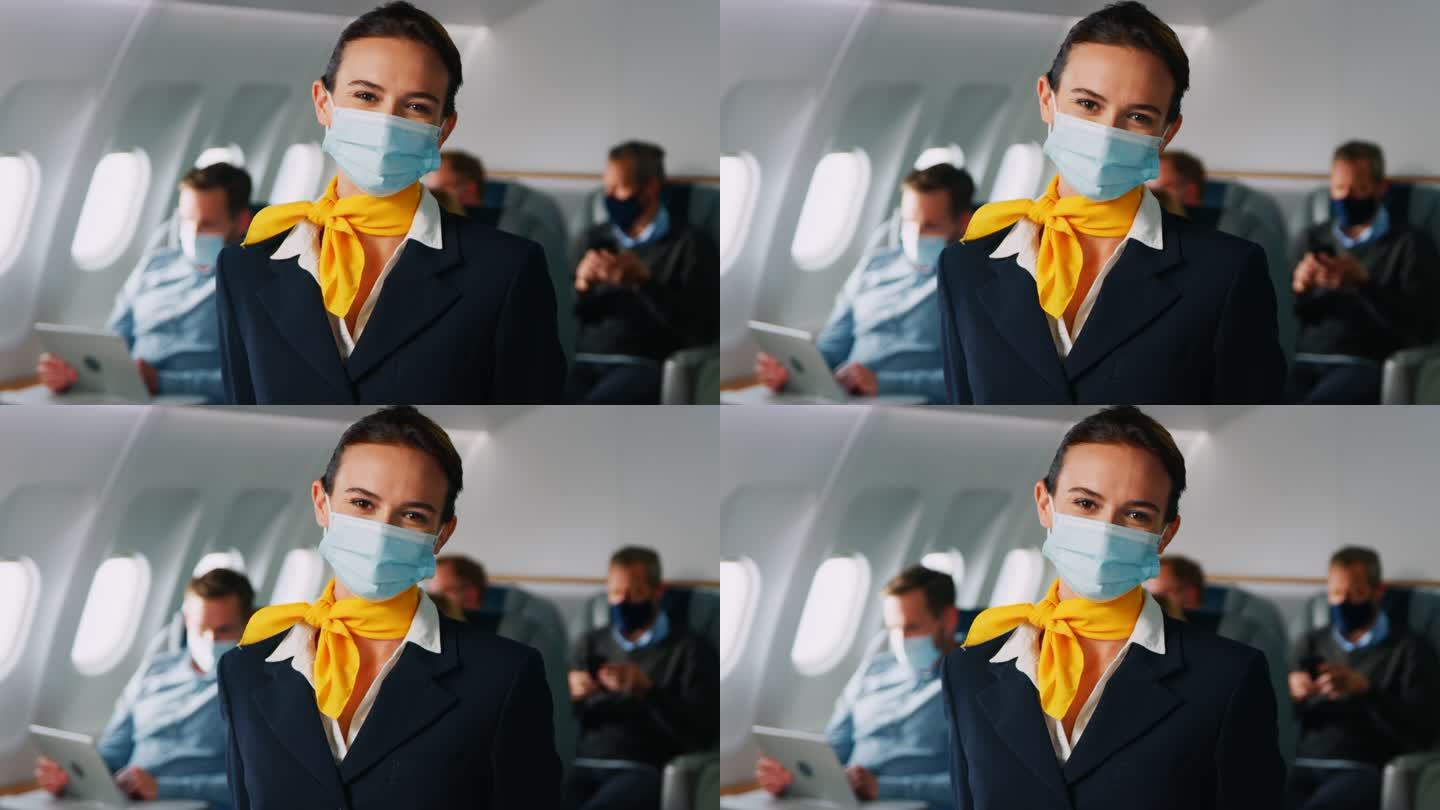 带面罩的空姐空乘防疫坐飞机疫情防控