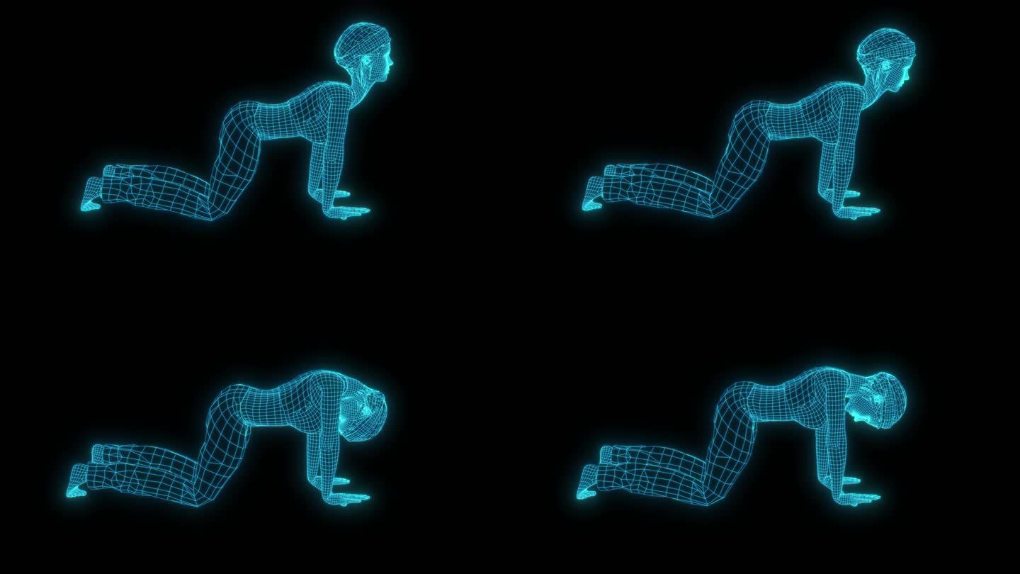 蓝色全息线框科技人体瑜珈动画素材带通道