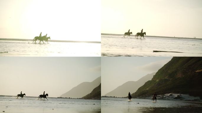 骑在马背上的年轻女子在夕阳的海浪中奔跑
