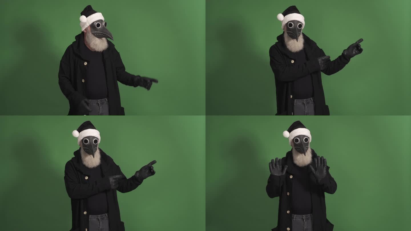 圣诞老人形象中留着胡子的老人展示了一个复制空间，并展示了一块禁止标志。绿色背景。一个人