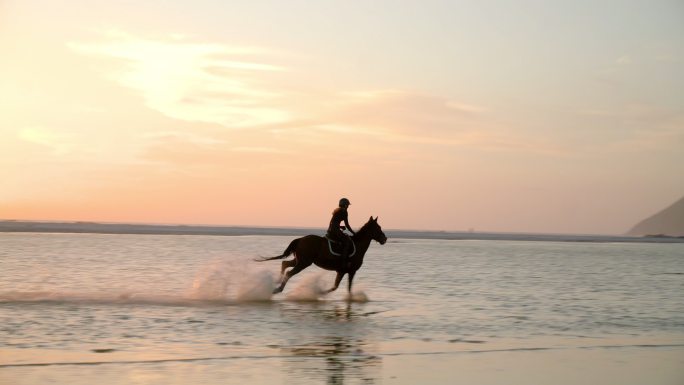 女子骑马在夕阳下阳光明媚的海浪中奔跑