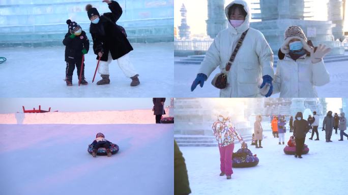 冬天小孩儿童玩耍玩雪拉雪橇