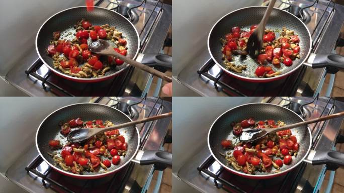 用西红柿和蘑菇烹饪素食