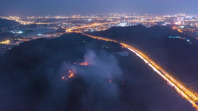 夜晚山林着火航拍延时摄影