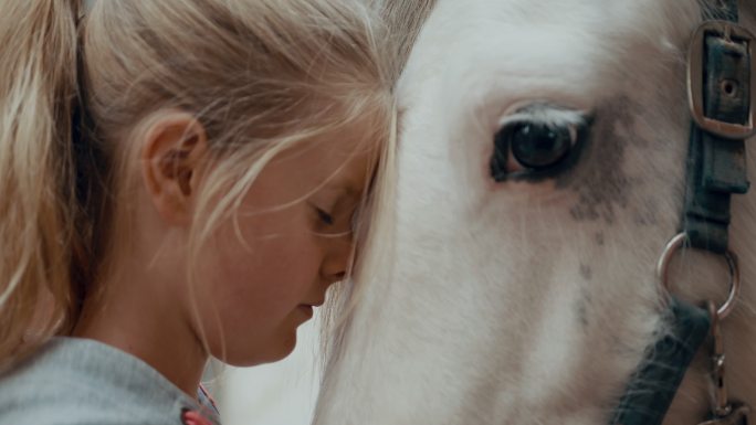 SLO MO小女孩与她的马有一个深情的时刻