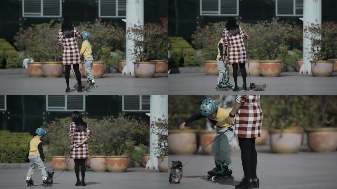 市民母子生活视频牵狗的妈妈溜冰的小孩