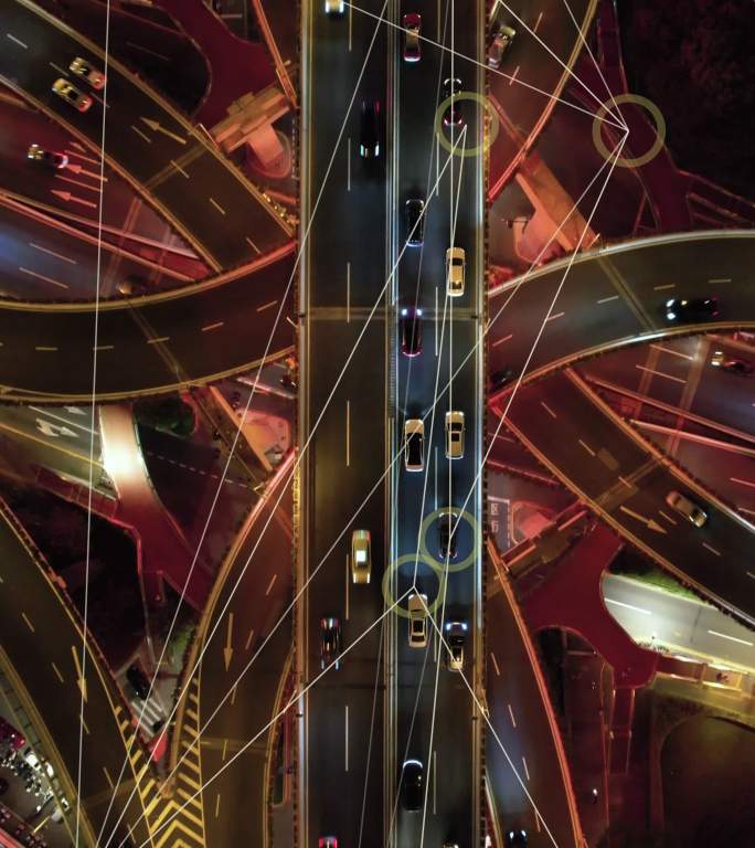 智能交通俯瞰立交桥夜晚灯光车流自动驾驶