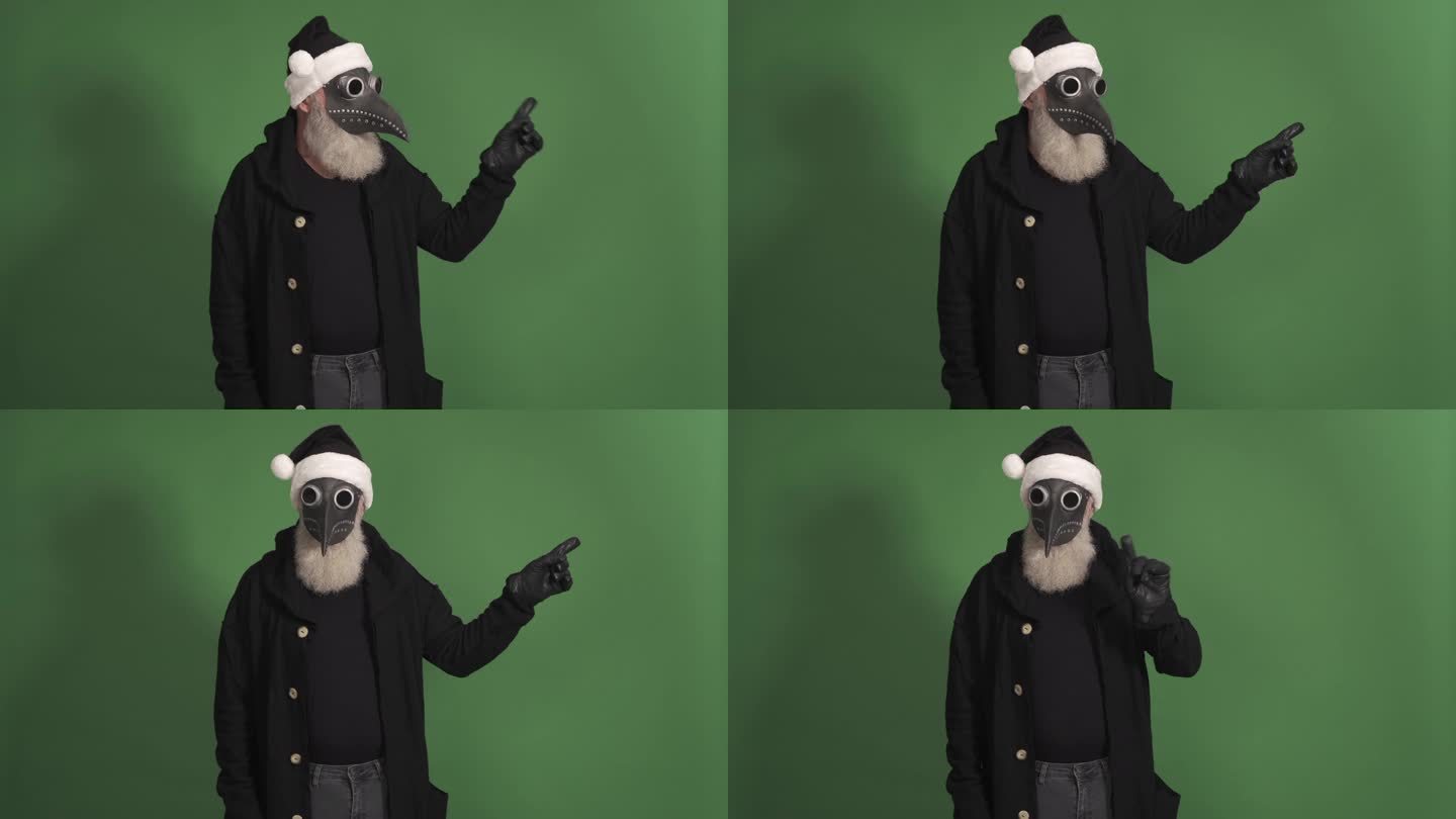 圣诞老人形象中留着胡子的老人展示了一个复制空间，并展示了一块禁止标志。绿色背景。一个人