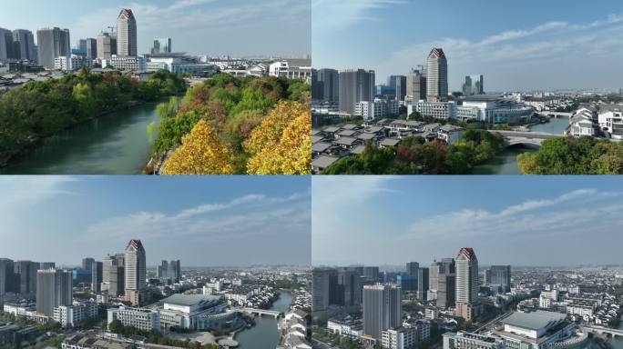 城市建筑 秋天 金黄色 街道 银杏叶 河