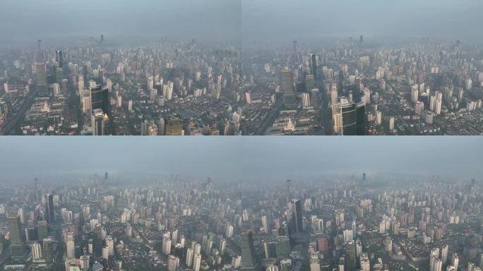 4K航拍延时-清晨雾霾中的上海城市全景
