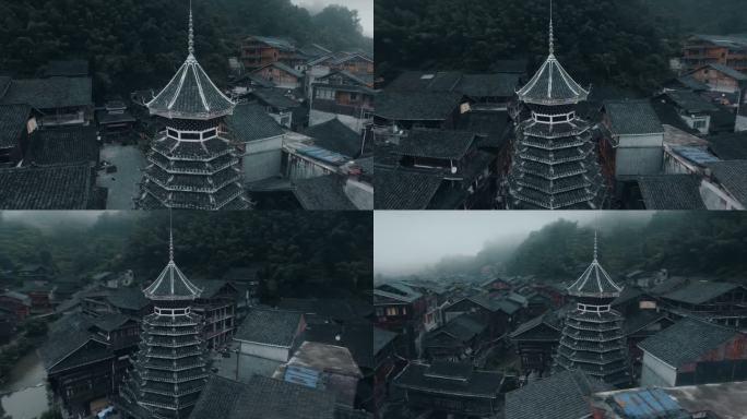 中国贵州省肇兴侗族村落清晨鸟瞰图
