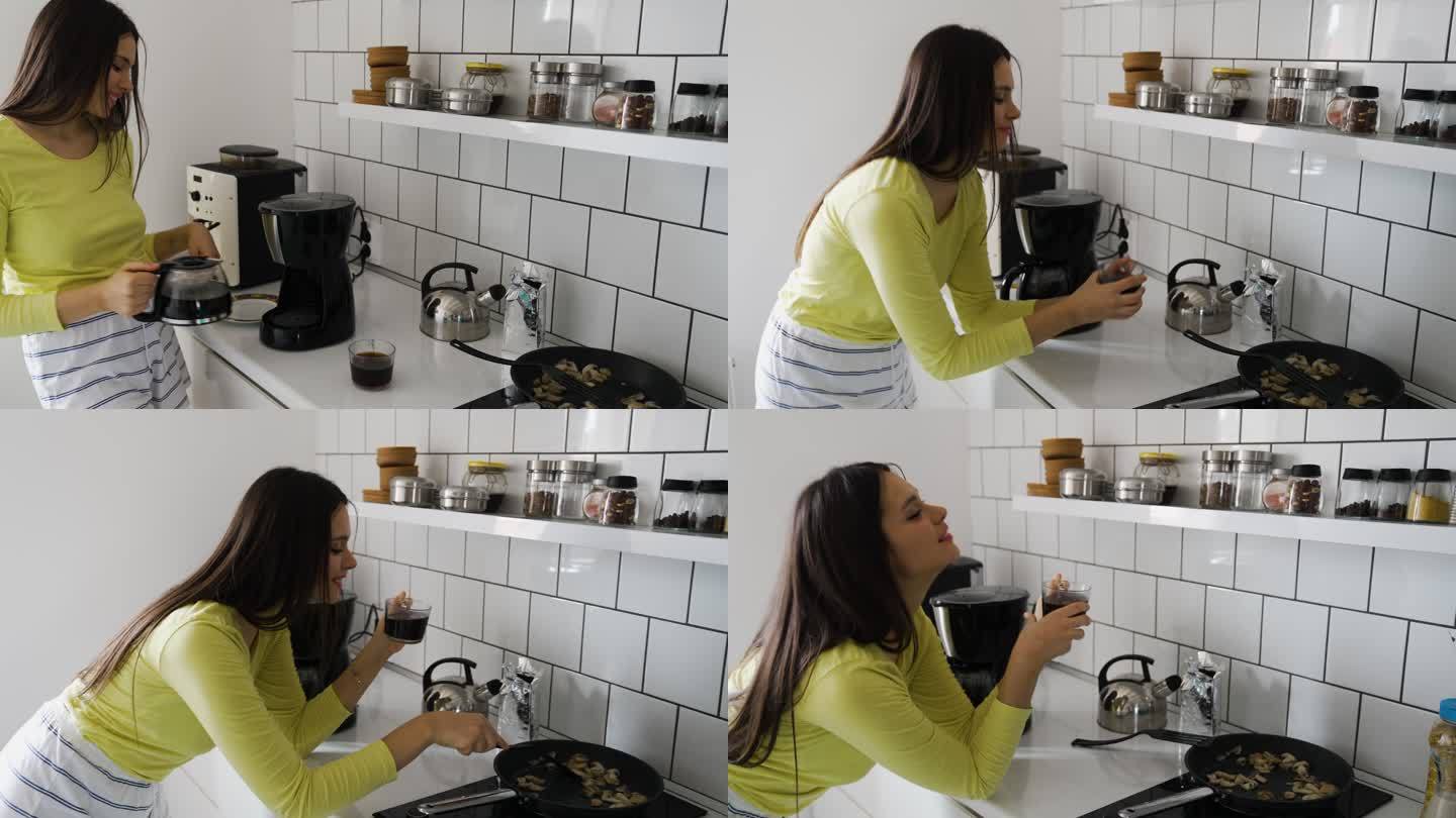 女人准备早餐。外国人做早餐喝咖啡